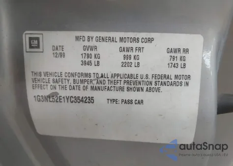 2000 Oldsmobile Alero Gl3 from USA, damaged, VIN 1G3NL52E1YC354235